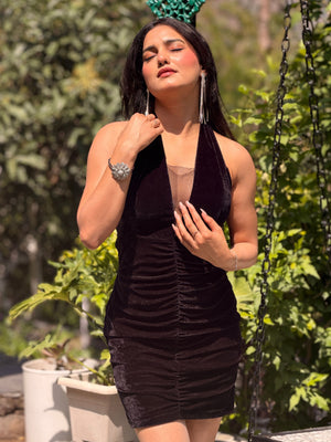 TANDUL Women Elegant Classic Black Velvet Dress