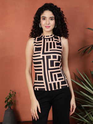 TANDUL Casual Sleeveless Printed Women Beige Top