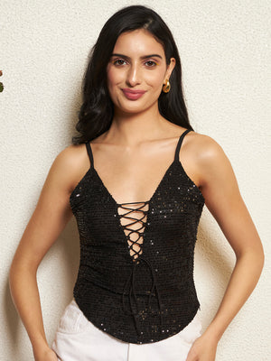 TANDUL Women Dazzling Black Sequin Top