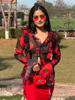 TANDUL Women Stunning Red and Black Floral Top