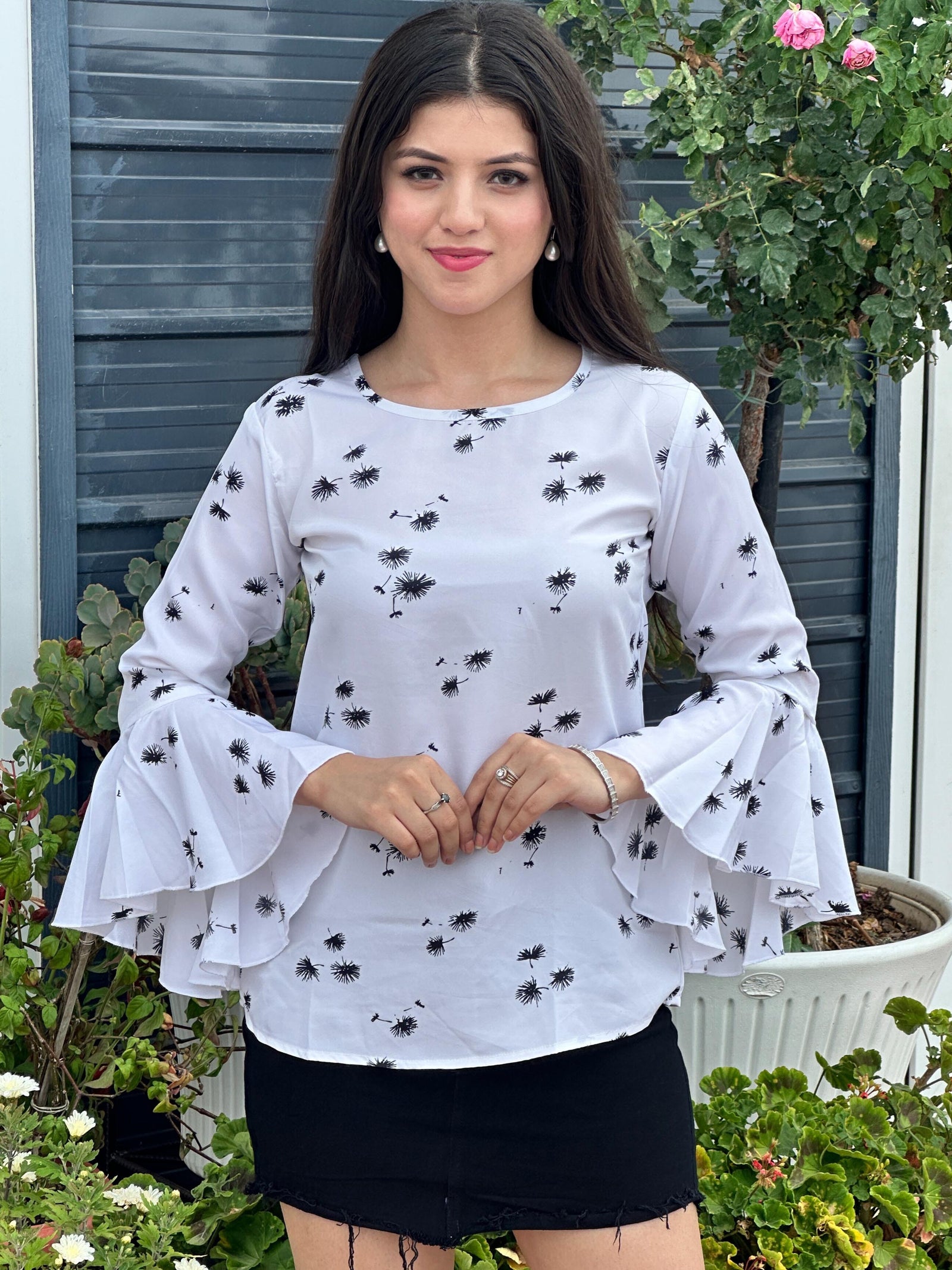 TANDUL Casual Bell Sleeves Printed Women White Top