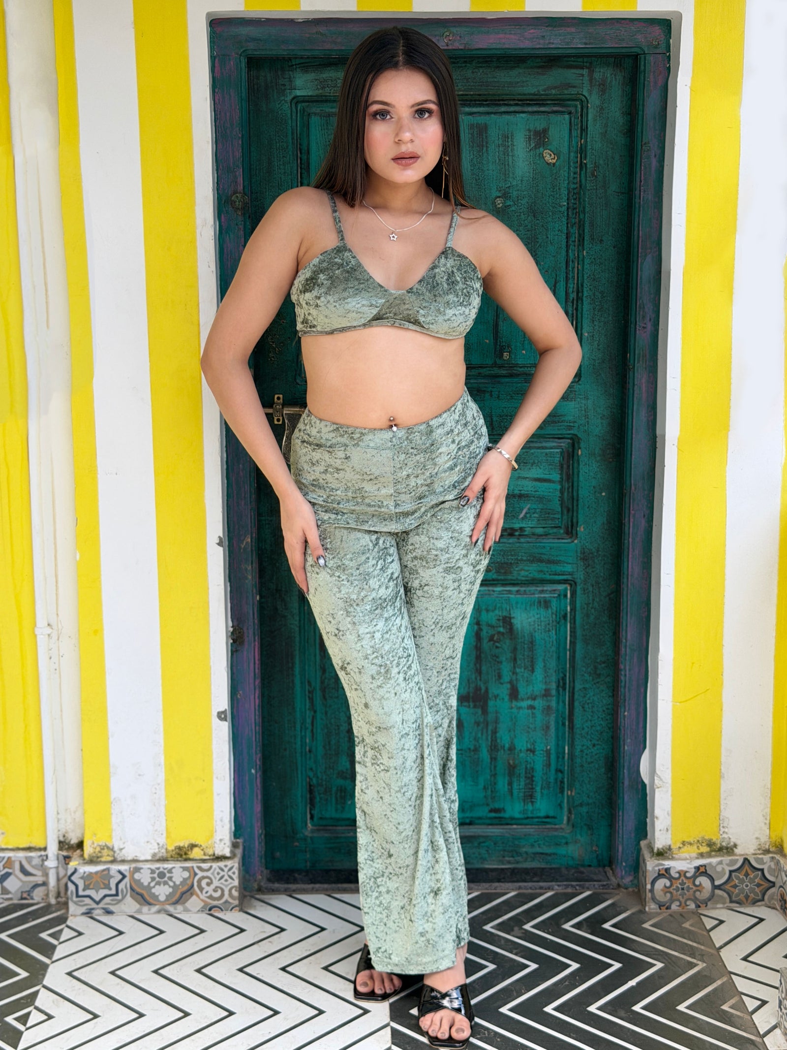 TANDUL Green Top Pant Velvet Co-ords Set