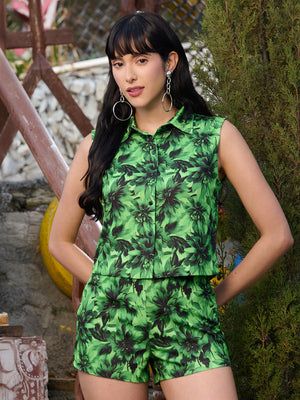 TANDUL Vibrant Green and Black Tropical Printed Co-ord Set