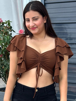 TANDUL Women Brown Top with Ruffled Sleeves