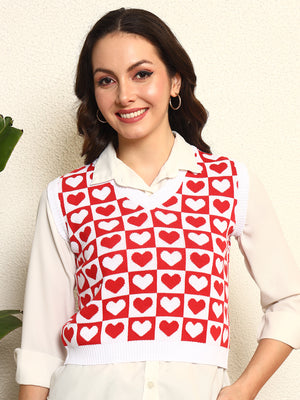 TANDUL Women Charming Red and White Heart Patterned Sweater