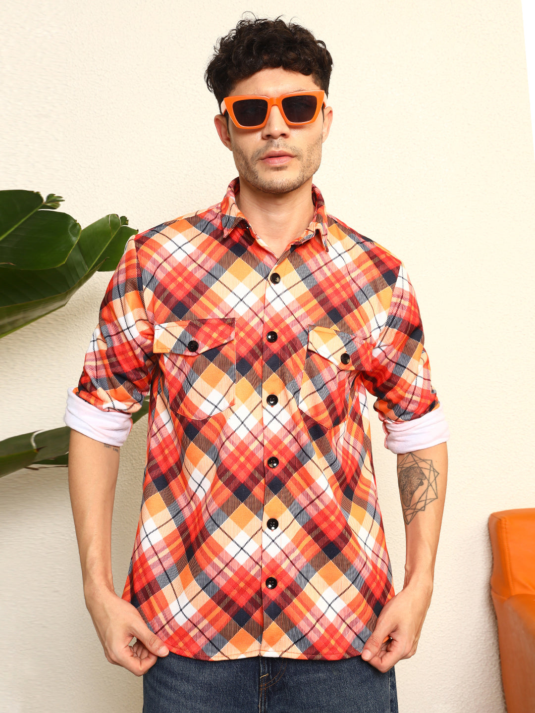 TANDUL Men's Striking Orange and Black Plaid Printed Shaket