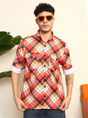 TANDUL Men's Striking Orange and Black Plaid Printed Shaket