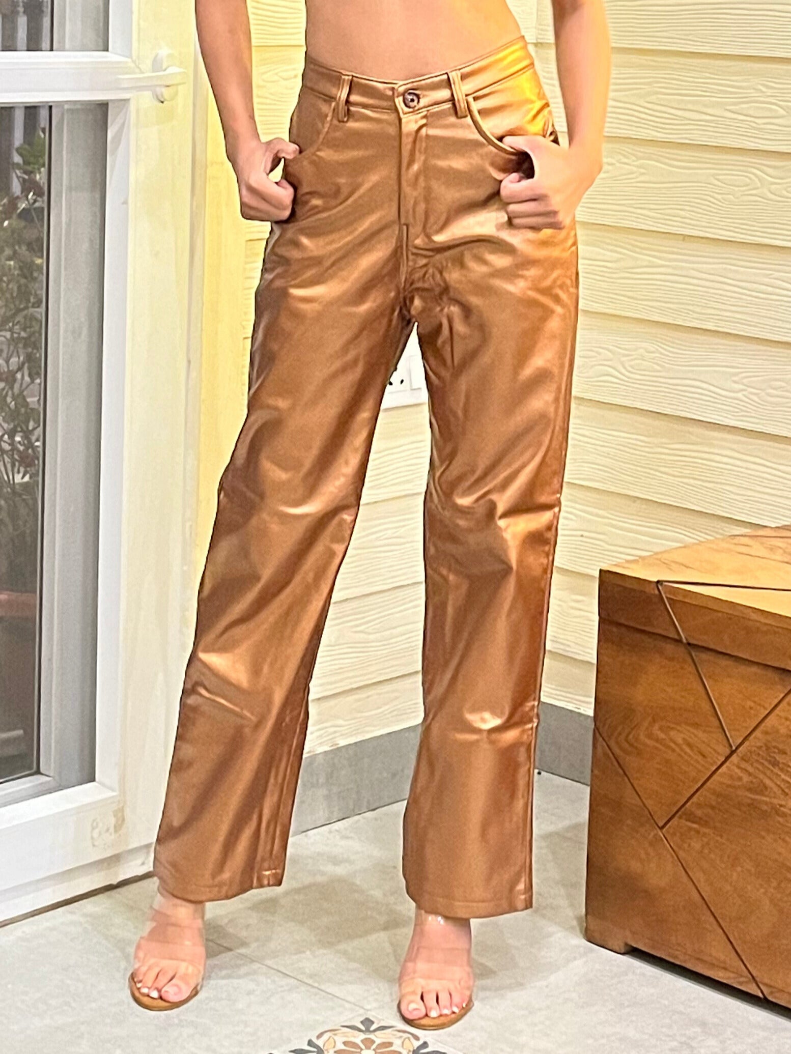 TANDUL  Women Regular Fit Gold Faux Leather Trousers