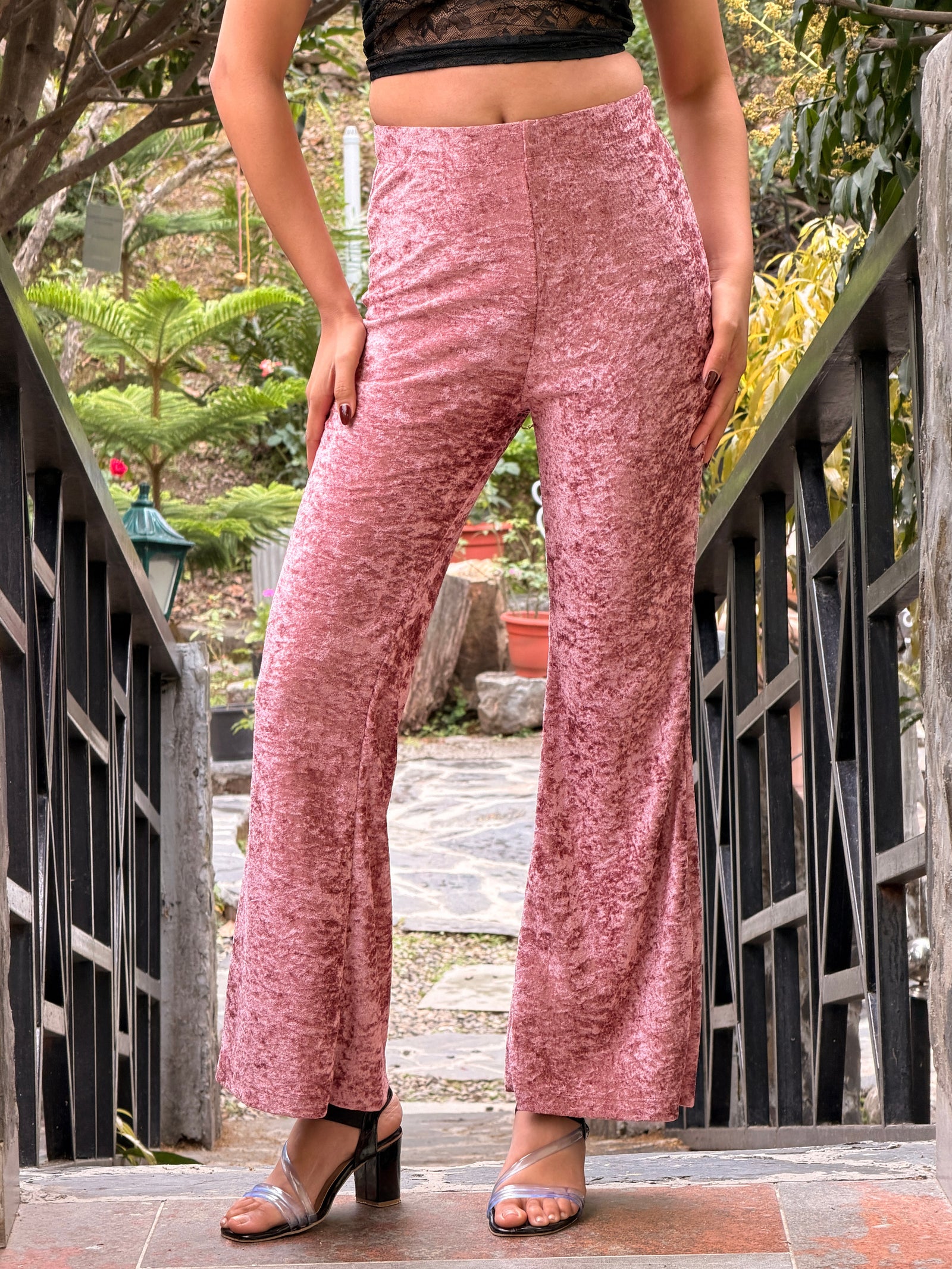 TANDUL Women Elegant Onion Pink Velvet Trouser
