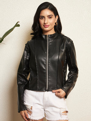 TANDUL Women Sleek Black Leather Jacket