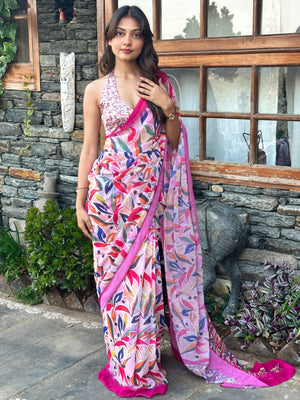 ELTIRE Pink Floral Printed Georgette Sari