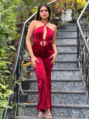 TANDUL Women Elegant Maroon Velvet Jumpsuit