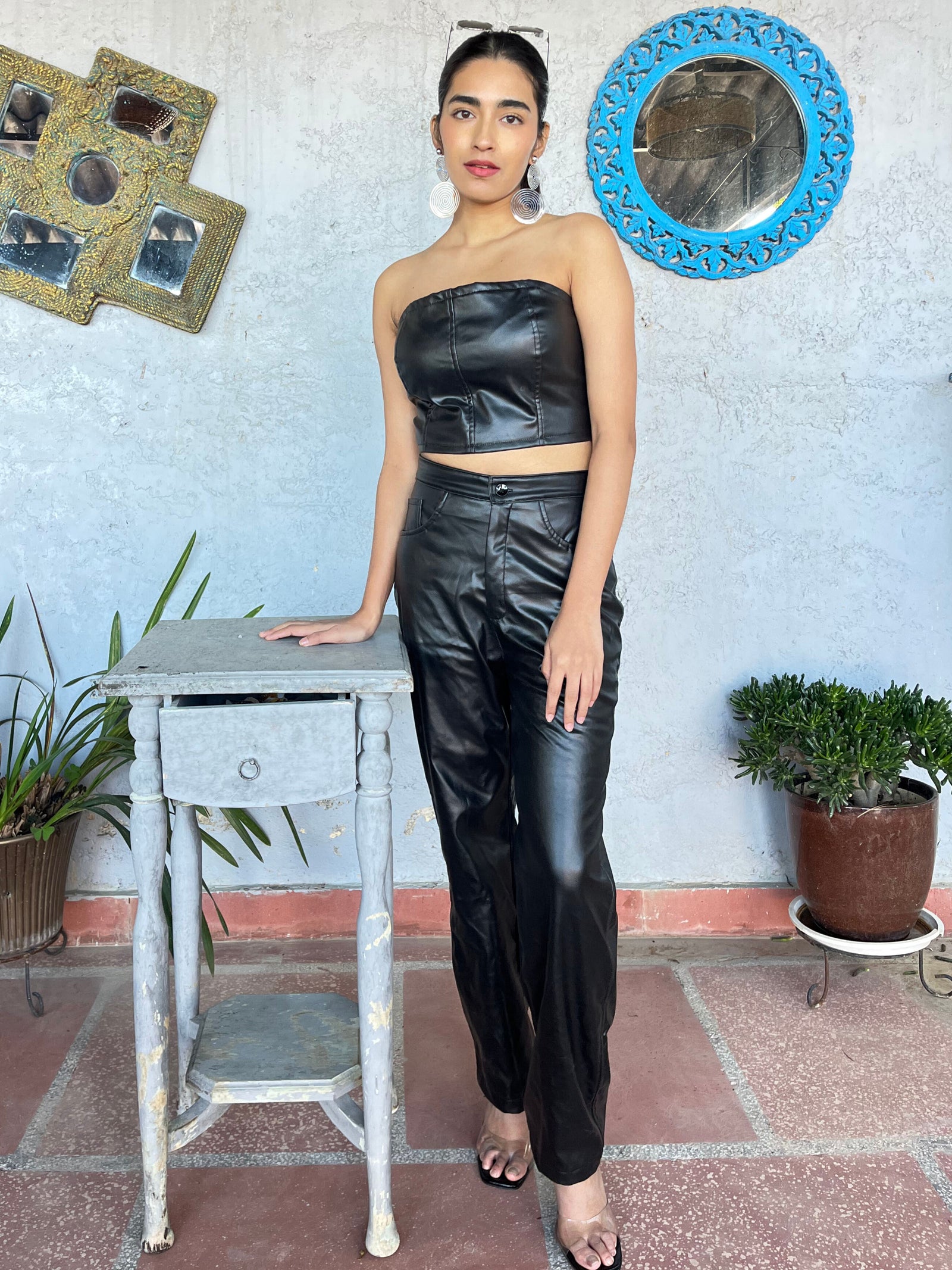TANDUL Women Stunning Black Leather Co-ord Set