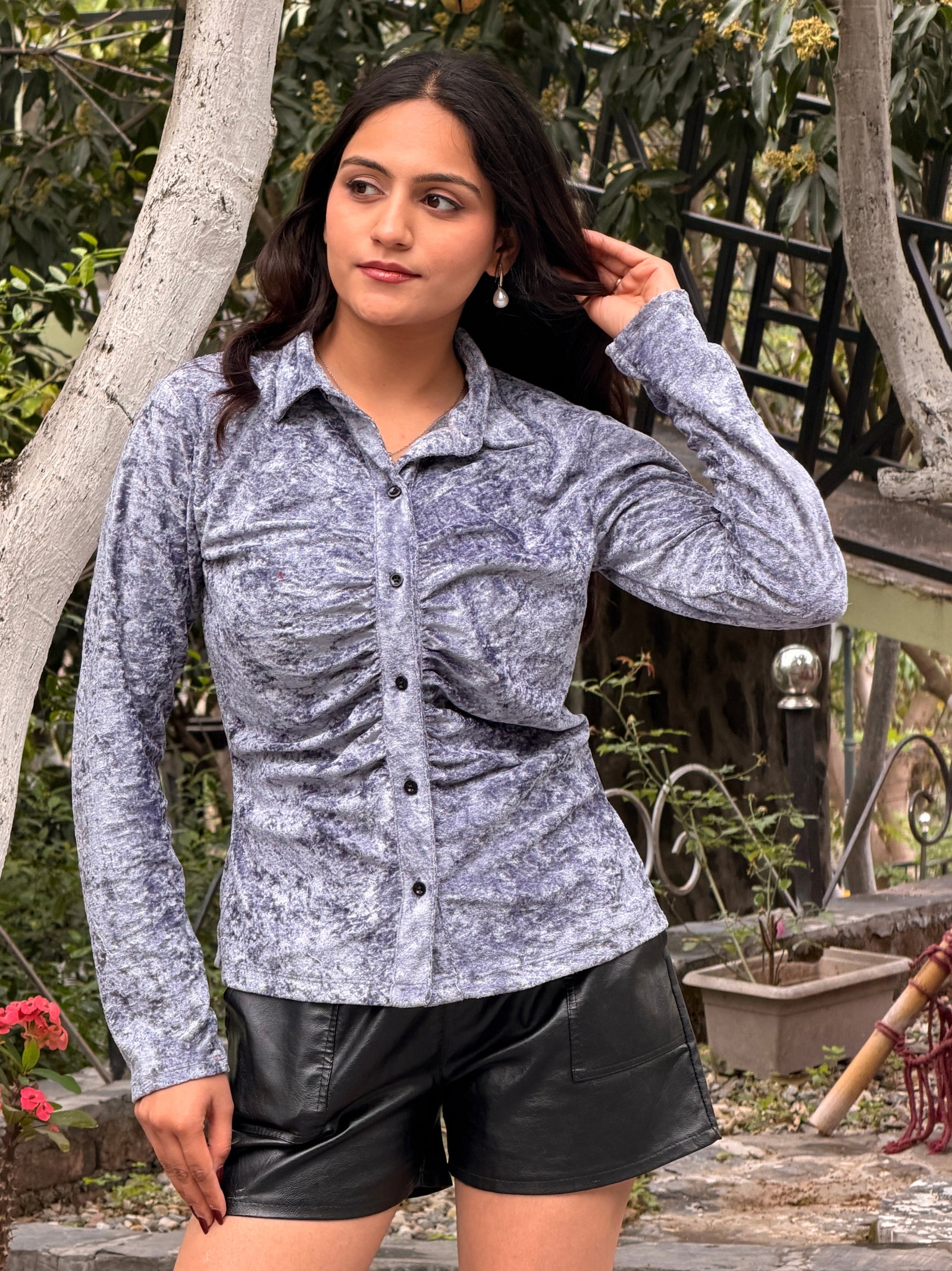 TANDUL Women Casual Ruched Solid Grey Shirt