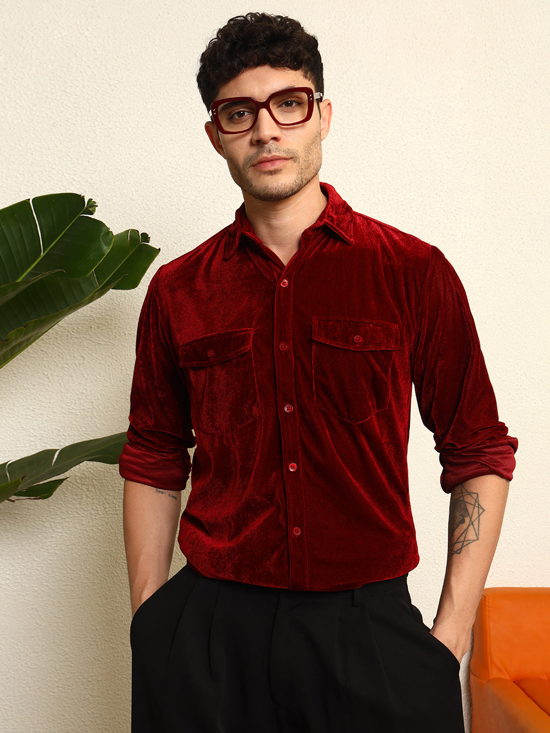 TANDUL Men's Maroon Velvet Shirt
