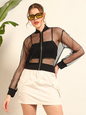 TANDUL Women Stunning Black Net Jacket Style Top
