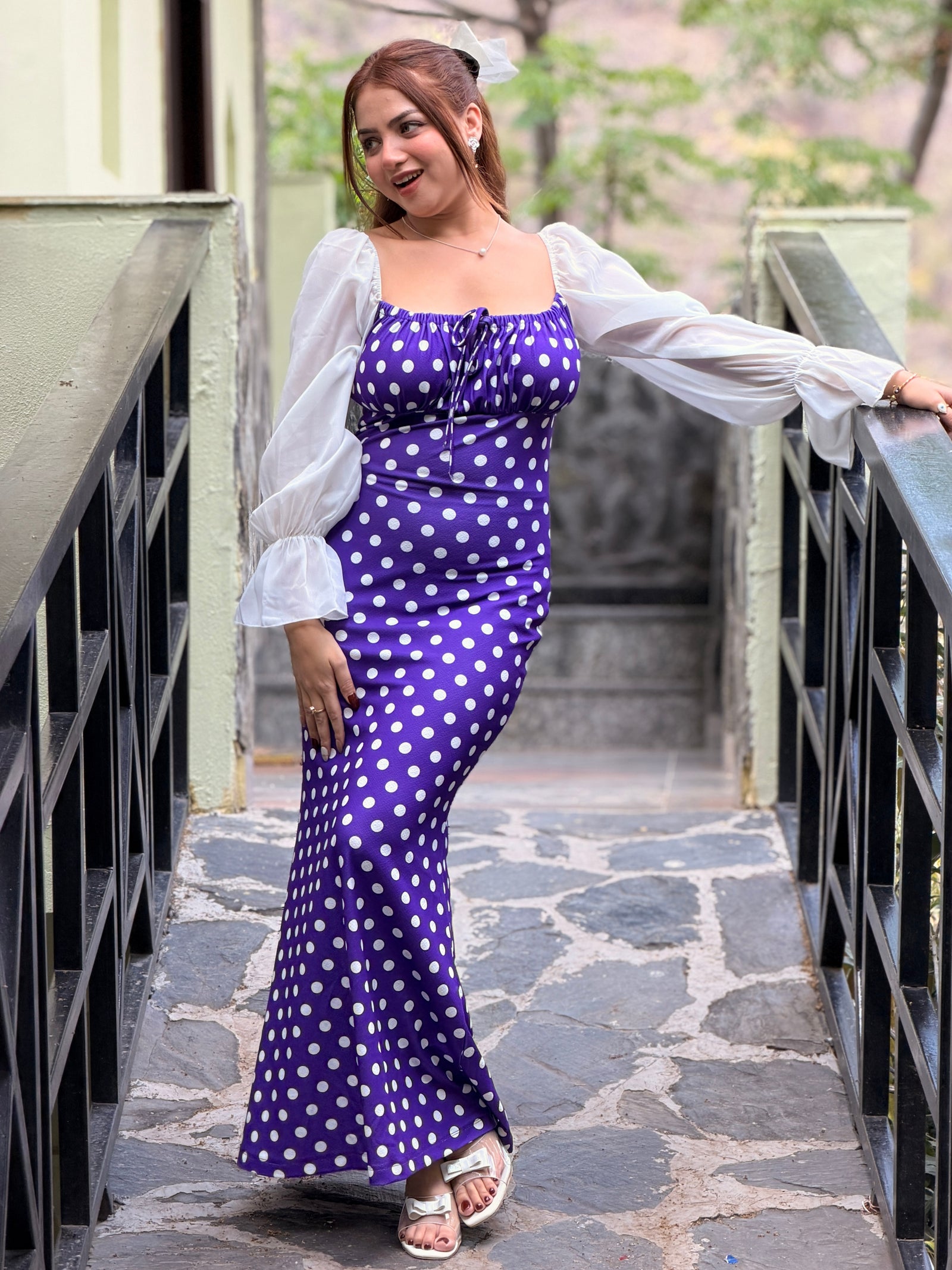 TANDUL Women Purple Polka dot Dress with Puff Sleeves