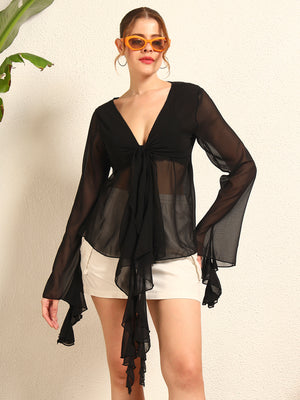 TANDUL Elegant Black Ruffled Top