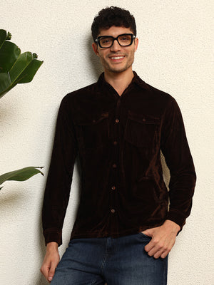 TANDUL Men's Brown Velvet Shirt