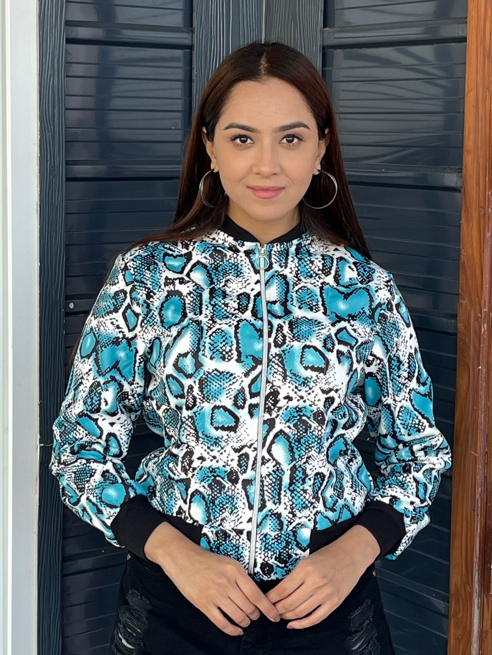 TANDUL Women's Blue and Black Snake Print Bomber Jacket