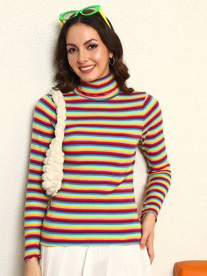 TANDUL Women Multicolor Striped Highneck