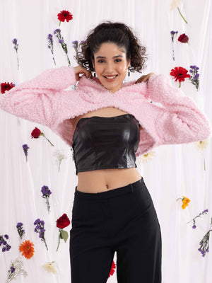 TANDUL Casual Regular Sleeves Solid Women Pink Crop Hoodie