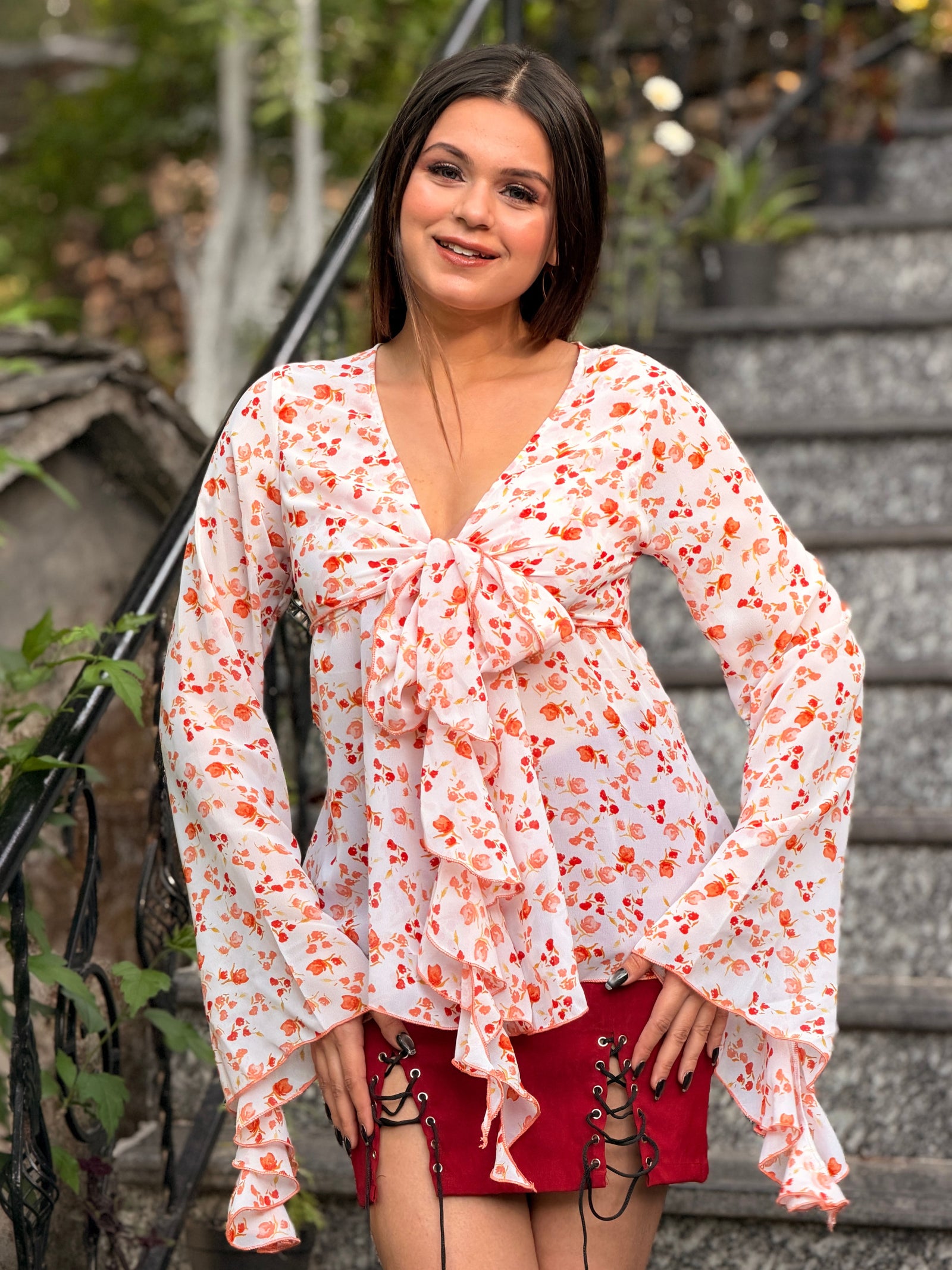 TANDUL Women Ruffle White and Orange Top