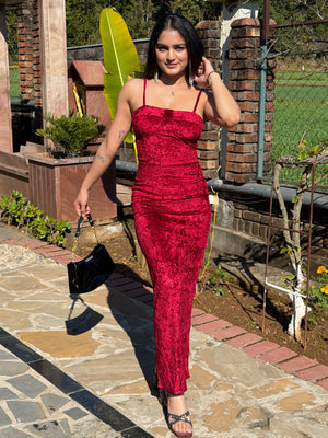 TANDUL Women Stunning Maroon Velvet Bodycon Dress