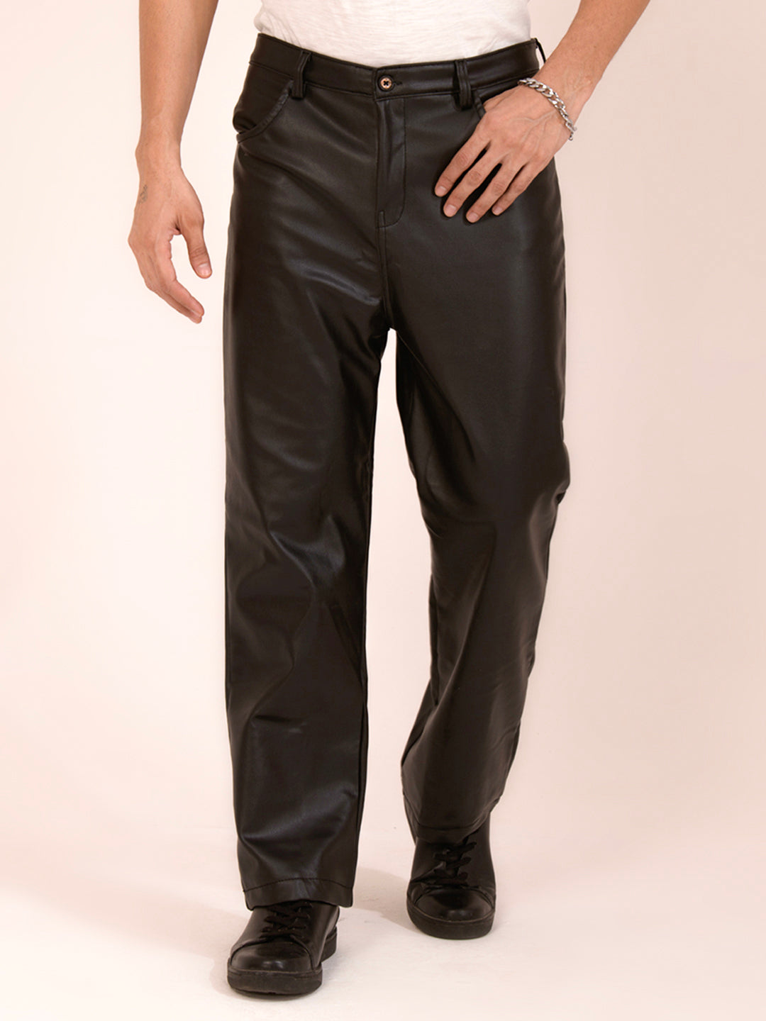 TANDUL  Men Regular Fit Black Faux Leather Trousers