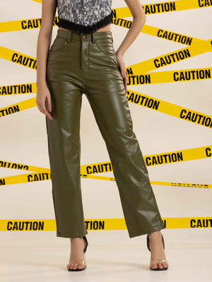 TANDUL Women Regular Fit Olive Green Leather Trousers