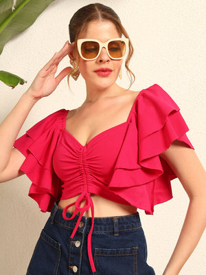 TANDUL Women Fuchsia Pink Top with Ruffled Sleeves