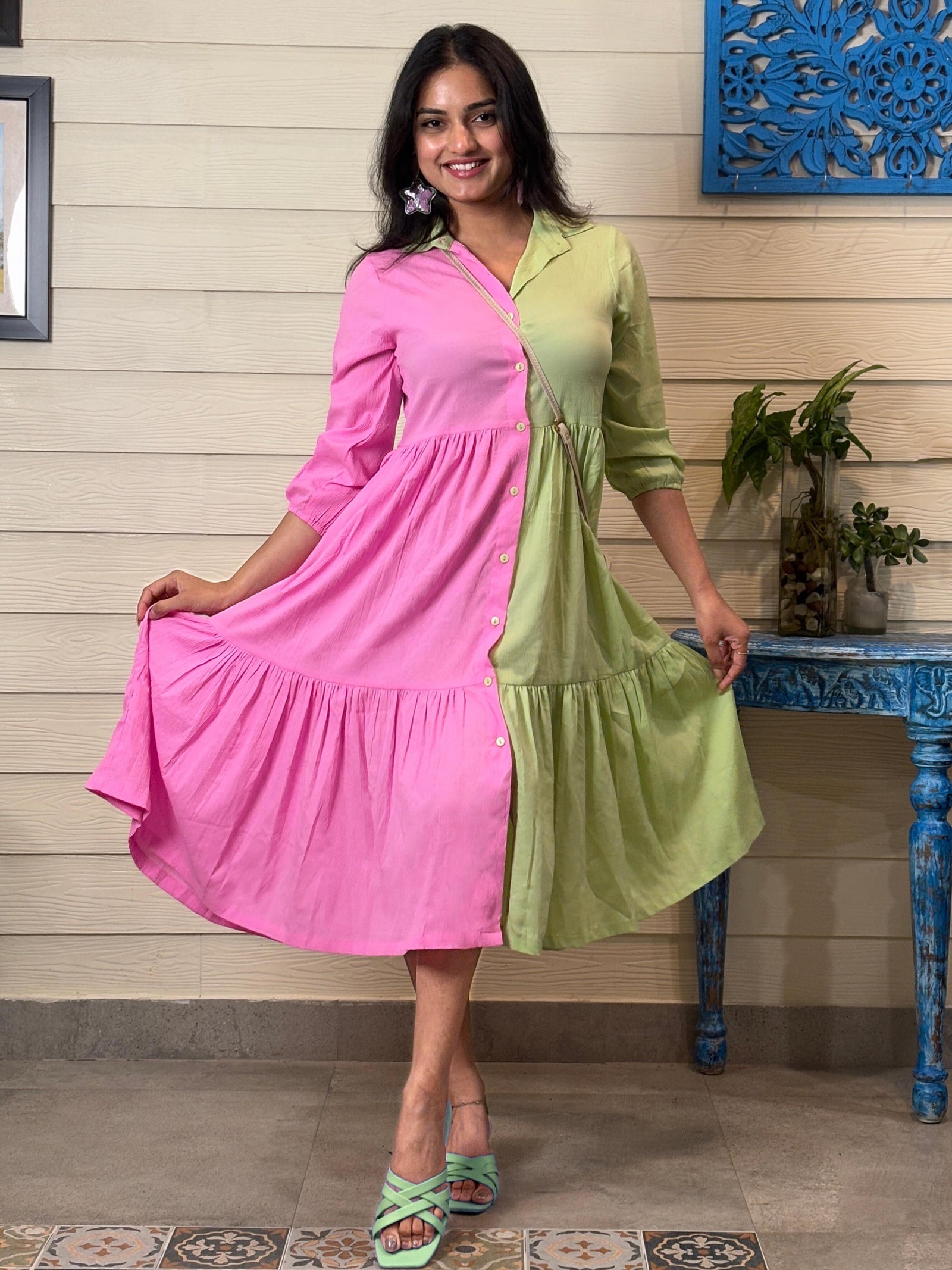 TANDUL Women Pink and Green Flared Dress