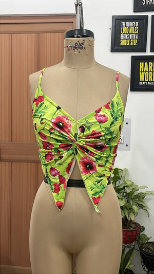 TANDUL Women Vibrant Lime & Red Floral Twist Crop Top