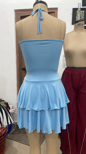 TANDUL Women Sky Blue Ruched Halter Mini Dress with Cascading Ruffles