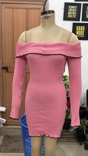 TANDUL Women Pink Off-the-Shoulder Ribbed Mini Dress