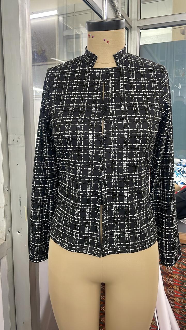 TANDUL Women Tweed-Printed Mandarian Collar Fitted Jacket Style Top