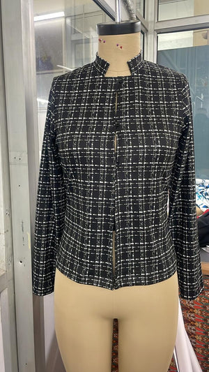 TANDUL Women Tweed-Printed Mandarian Collar Fitted Jacket Style Top