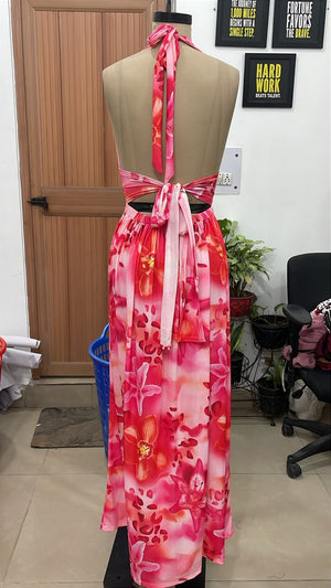 TANDUL Women Tropical Pink Floral Halter Maxi Dress