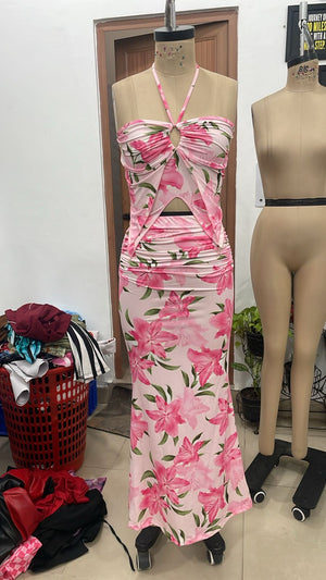 TANDUL Women Tropical Bloom Crop Top & Ruched Skirt Co-ord Set