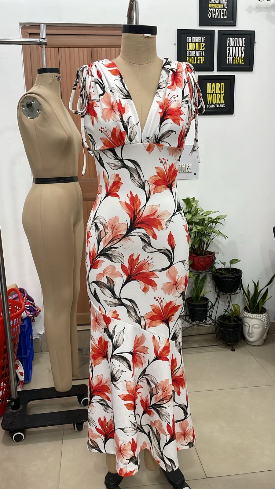 TANDUL Women Tropical Orange Lily Printed Mermaid Maxi Dress