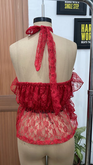 TANDUL Women Red Sheer Floral Lace Tiered Ruffle Halter Top