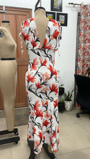 TANDUL Women Tropical Orange Lily Printed Mermaid Maxi Dress