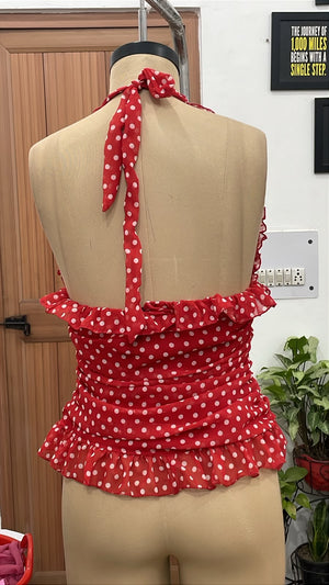 TANDUL Women Vintage-Inspired Red Polka Dot Halter Top