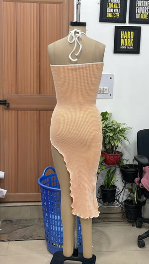 TANDUL Women Asymmetric High-Slit Waffle Knit Midi Dress