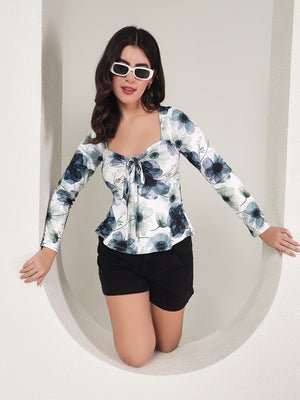 TANDUL  Casual Regular Sleeves Floral Print Women White Top