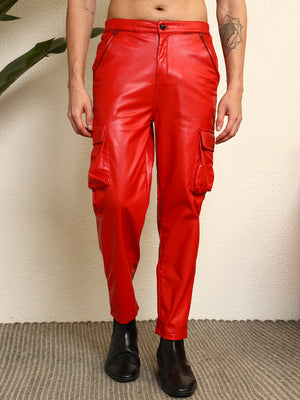 TANDUL  Men Regular Fit Red Faux Leather Trousers