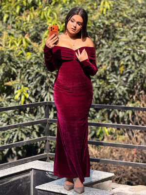 TANDUL Women Elengant Off Shoulder Maroon Velvet Dress