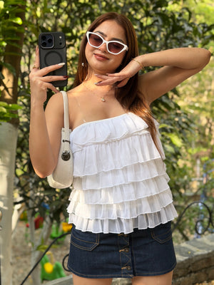 TANDUL Women White Delicate  Ruffles Top
