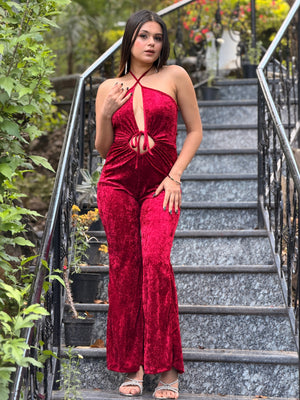 TANDUL Women Elegant Maroon Velvet Jumpsuit