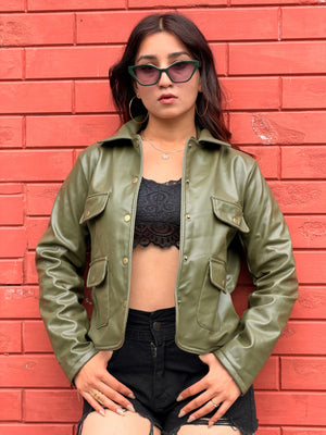 TANDUL Women Olive Green Faux Leather Jacket